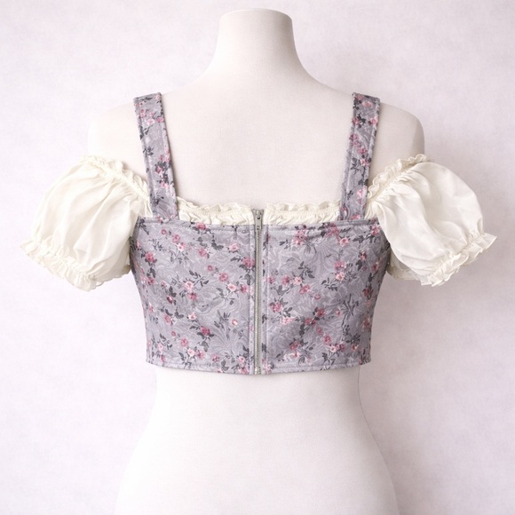 Unbranded Floral Corset Style Crop Top XS Gray and Cream Cottagecore Festival - Picture 2 of 4